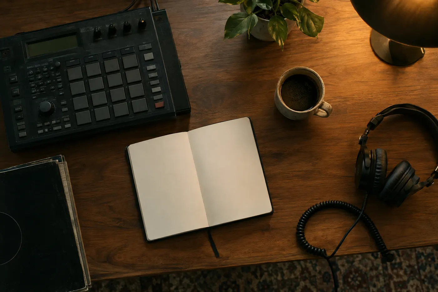 Overhead view of a producer desk with a drum machine, notebook, coffee, and headphones