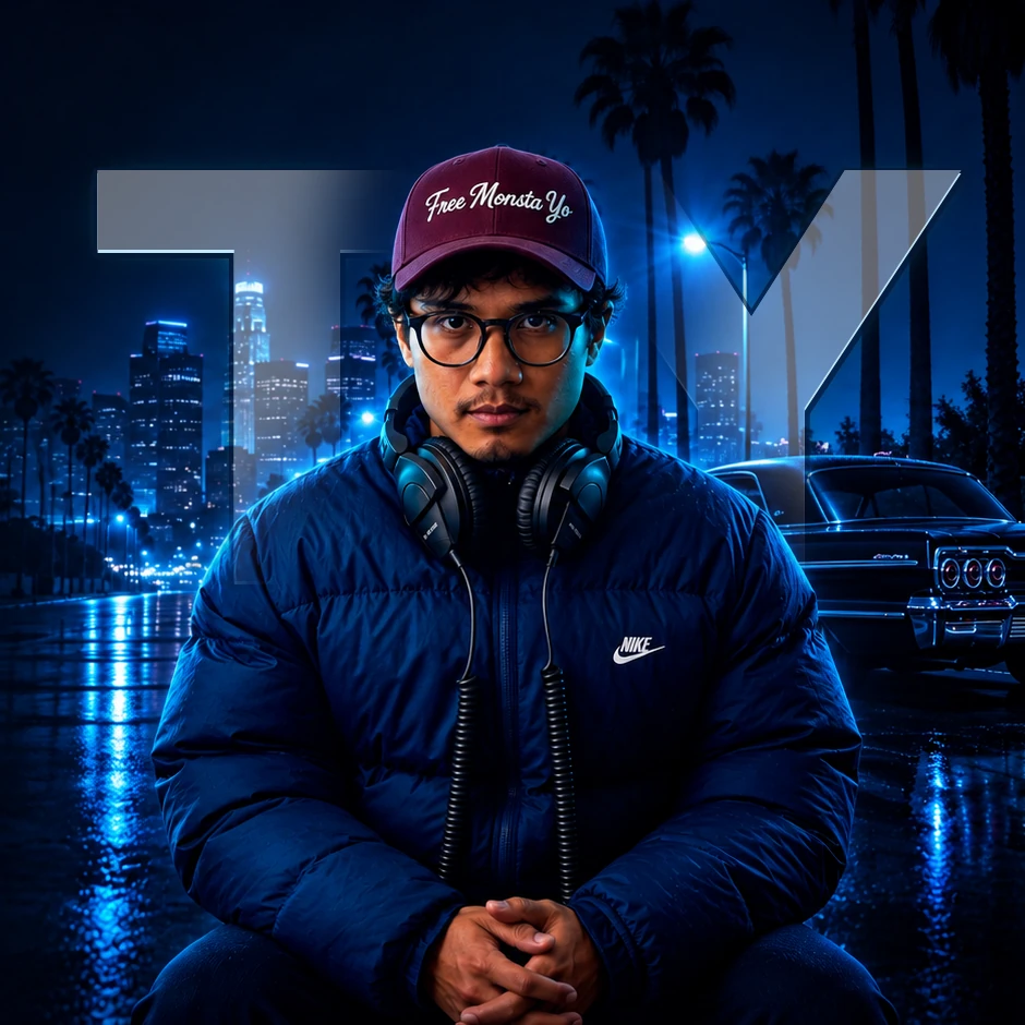 Travis Yangzte in a navy puffer, glasses, cap, and headphones, with TY behind him