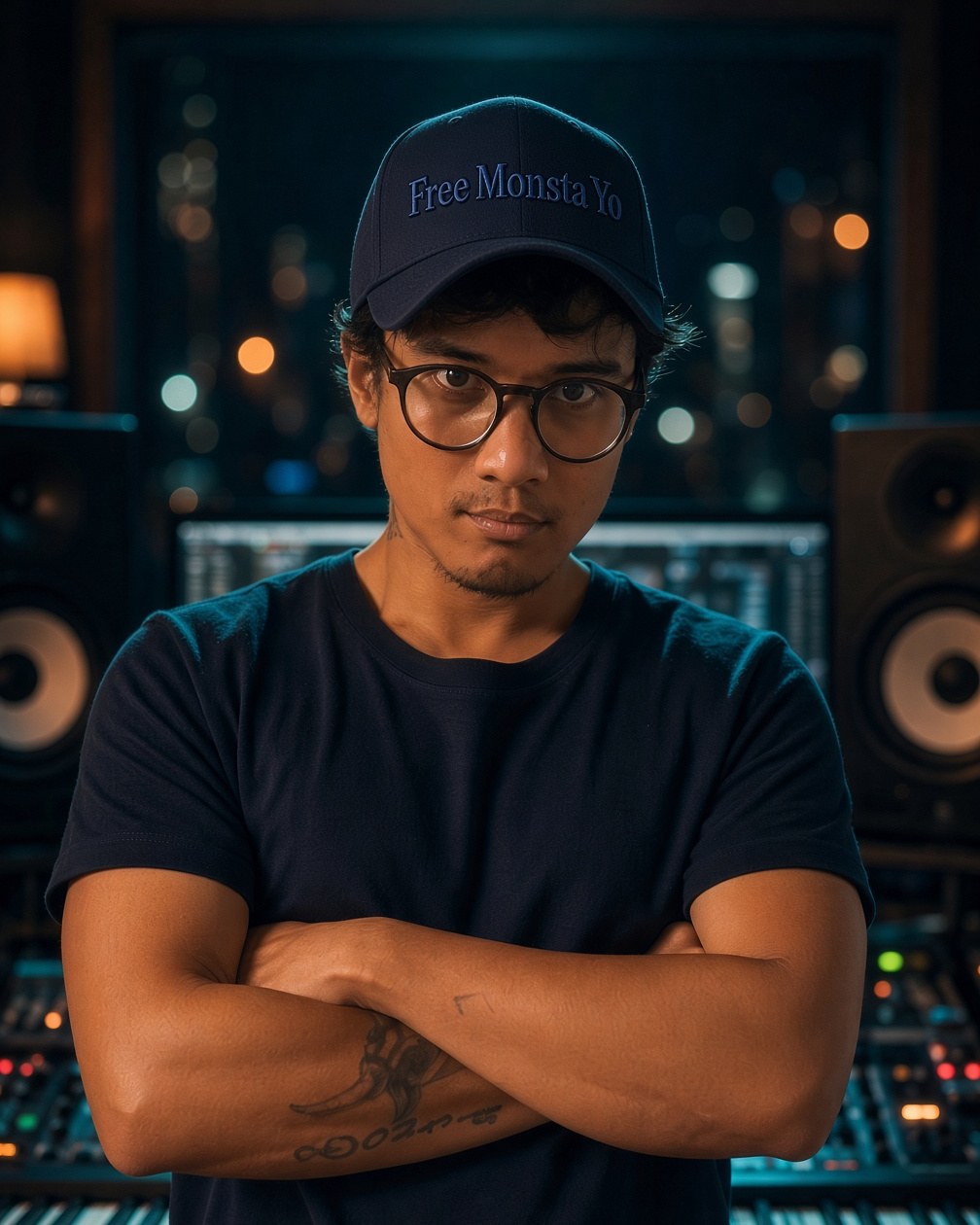 Travis Yangzte in a Free Monsta Yo cap, glasses and a navy tee, arms crossed in his studio with speakers and keyboards behind him
